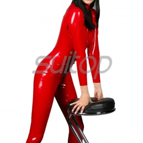 Suitop shiny women's rubber latex classical catsuit with front zip to waist in red color