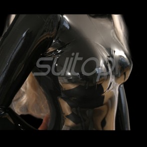 Suitop super quality rubber latex catsuit with 3D clipping bust and attached back zipper in black color