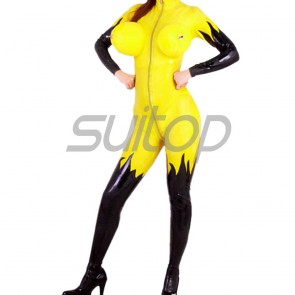 Suitop novelty women's rubber latex catsuit with inflatable bust and front zip main in yellow with black trim color