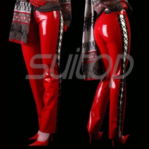 Suitop fashion women's rubber pants latex trousers and side with black lace up in red color