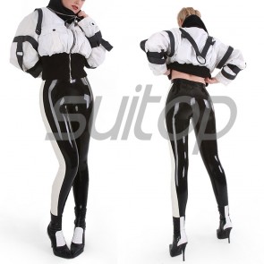 Suitop super quality women's rubber tight pants latex trousers in black and white trim color