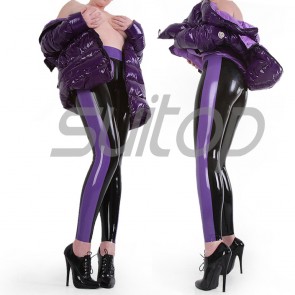 Suitop super quality women's rubber tight pants latex trousers in black with purple trim color