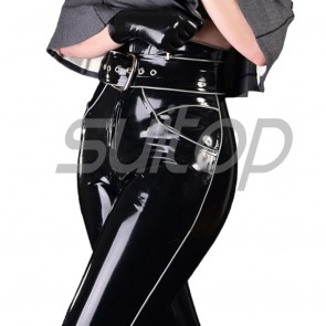 Suitop super quality women's rubber pants latex trousers with side decoration and belt in black color