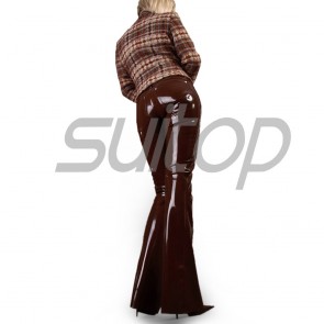Suitop fashional women's rubber pants latex bell-bottom trousers in wine color 