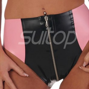 Suitop sexy women's rubber latex briefs with front zipper in black with pink trim color