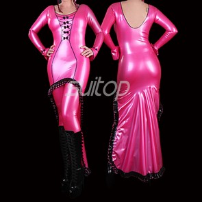 Sexy & special rubber latex long dress with black trims in metallic pink color for lady