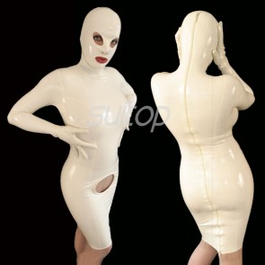 Sexy & special rubber latex tight dress to hood with back zipper in white color for lady