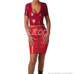 Casual rubber latex skirt with front zip in red color for lady