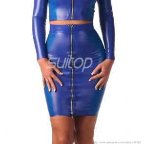 Sexy rubber latex tight skirt with front zip in blue color for lady