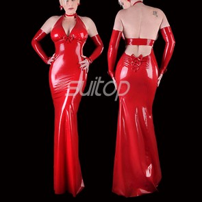 Evening halter backless rubber latex long dress in red color for lady