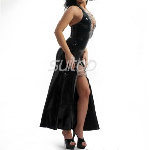 Halter split rubber latex long dress with front lace up in black color for lady