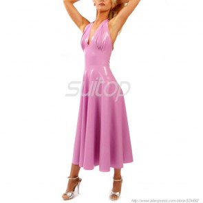 Casual rubber latex halter long dress in purple color for women
