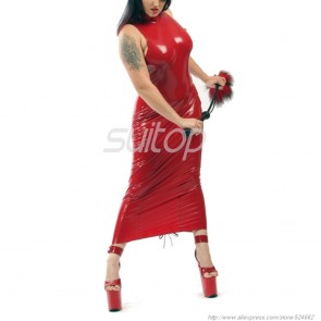 Casual high neck sleeveless long dress in red color for lady
