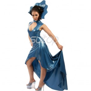 Sexy evening rubber latex sleeveless long dress in metallic blue color for women