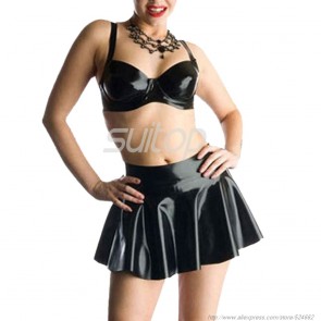 Lovely rubber latex tight mini pleated skirt in black color for lady