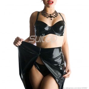 Sexy rubber latex tight skirt to knee in black color for lady