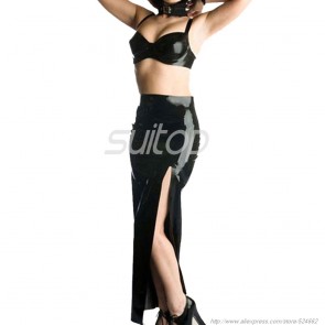 Casual rubber latex split long skirt in black color for lady