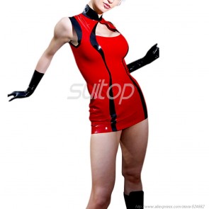 Sexy rubber latex sleeveless tight mini dress in red color for women