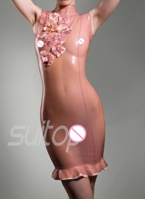 Sexy rubber latex high neck sleeveless tight dress in transparent pink color for women