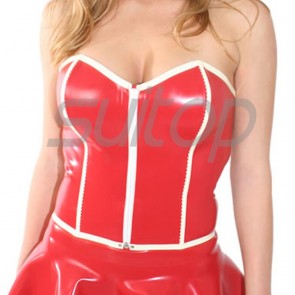 Suitop sexy women's rubber latex tube tops with front white zip in red with white trim color