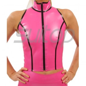Suitop sexy women's rubber latex high neck tight vest with front zip in metallic pink with black trim color