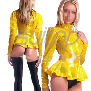Suitop fashional women's rubber latex long sleeve tight blouses with back zip in yellow color