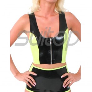 Suitop super quality women's rubber latex ultra short tight vest with front zip in black and green trim color
