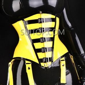 Suitop heavy 1.0mm thickness rubber latex corset with front zip and back lace up in yellow color for women