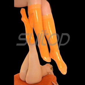 Suitop rubber latex sexy long stockings to legs in orange color for women