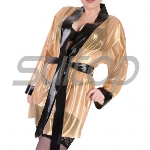 Suitop super quality women's rubber latex bathrobe in metallic transparent gold with black trim color