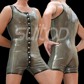 Suitop super quality men's male's rubber latex sleeveless catsuit with front buttons in transparent gray color