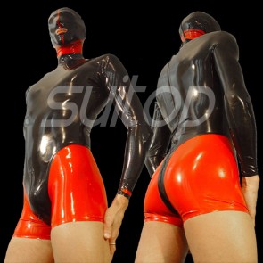 Suitop men's male's rubber latex catsuit with back zip attached hoods in black with red trim color