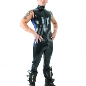 Suitop super quality men's male's rubber latex sleeveless catsuit with front zip to ass in black color