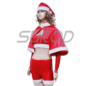 Suitop women's female's rubber latex X'mas uniform whole set including vest tops+shorts+long gloves in red color for adult cosplay
