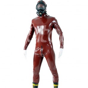 Suitop super quality men's male's rubber latex catsuit with shoulder and crotch zippers in brown color