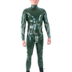 Suitop men's male's rubber latex catsuit with cod pieces back to bottom in green color