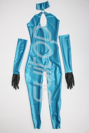  Fashional women's rubber latex halter backless catsuit with long gloves in metallic blue color