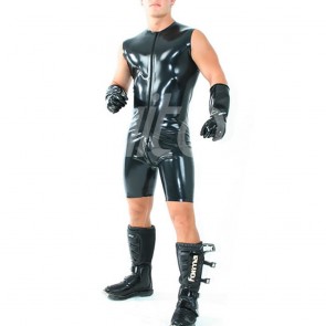 Suitop high quality men's male's rubber latex sleeveless catsuit in black color