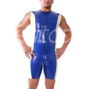 Suitop high quality men's male's rubber latex sleeveless catsuit in blue with white trim color