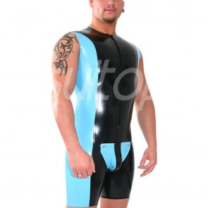 Suitop men's male's rubber latex sleeveless catsuit in black with laker blue color
