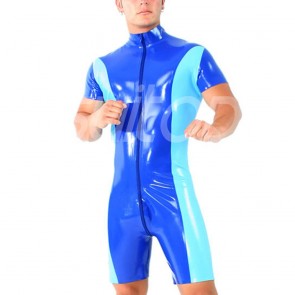 Suitop men's male's rubber latex short sleeve catsuit with front zip main in blue with laker blue color