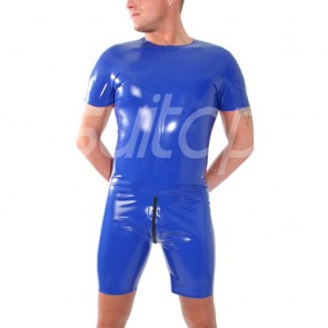 Suitop men's male's rubber latex short sleeve catsuit with back zip to lower abdomens in blue color