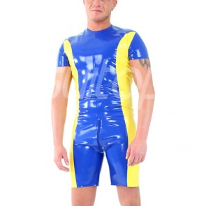Suitop super quality men's male's rubber latex short sleeve catsuit main in blue with yellow trim color