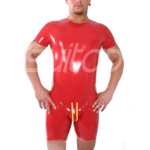 Suitop high quality men's male's rubber latex short sleeve catsuit in red color
