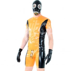 Suitop high quality men's male's rubber latex short sleeve catsuit in orange with black trim color