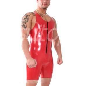 Suitop super quality men's male's rubber latex sleeveless catsuit with front zip in red color