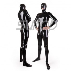 Suitop women's female's rubber latex full cover body zentai catsuit with net holes eyes and attached back & crotch zipper in black color