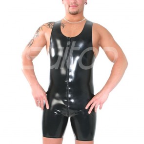 Suitop super quality men's male's rubber latex vest catsuit with front zip in black color