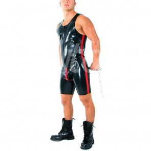 Suitop high quality men's male's rubber latex vest catsuit in black with red trim color