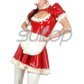 Suitop hot selling women's rubber latex maid uniform and dress with apron in red with cream trim color